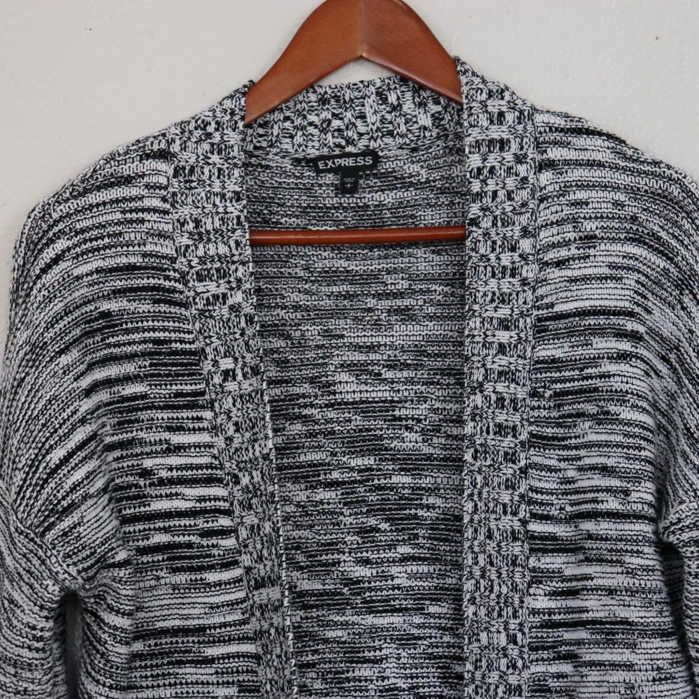 EXPRESS | Open Front Long Cardigan in a marled black and white knit SZ S - Picture 4 of 7